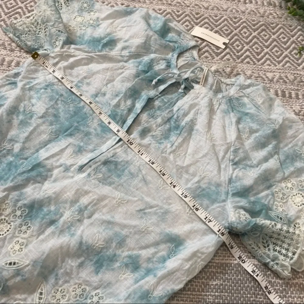 NWT Anthropologie Embroidered Tie Dye Eyelet Boho Puff Sleeve Blouse Top Cotton
